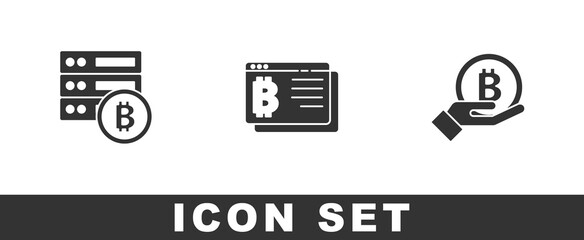 Set Server bitcoin, Bitcoin browser and Hand holding icon. Vector.
