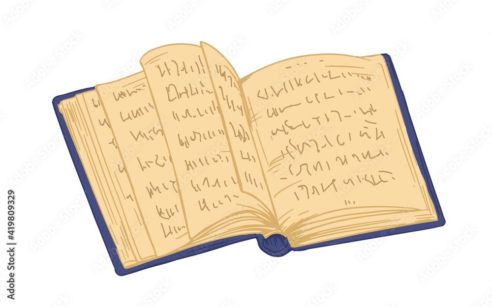 Poster Ancient open book with old pages. Antique thick historical textbook with hardback. Hand-drawn colored vector illustration of notebook with notes isolated on white background