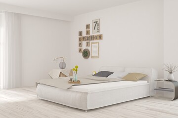 White bedroom interior. Scandinavian design. 3D illustration