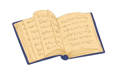 Ancient open book with old pages. Antique thick historical textbook with hardback. Hand-drawn colored vector illustration of notebook with notes isolated on white background