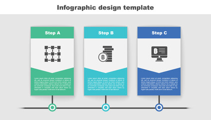 Set Blockchain technology, Bitcoin and Mining bitcoin from monitor. Business infographic template. Vector.