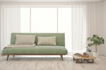 White living room with sofa. Scandinavian interior design. 3D illustration