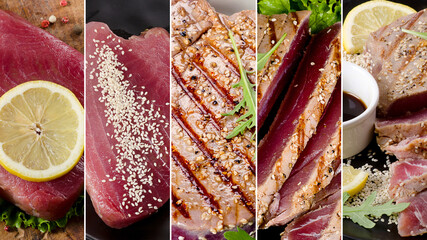 Gollage of different types of tuna with sauces and spices.