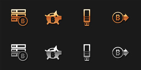 Set Server bitcoin, Piggy bank, USB flash drive and Bitcoin icon. Vector.