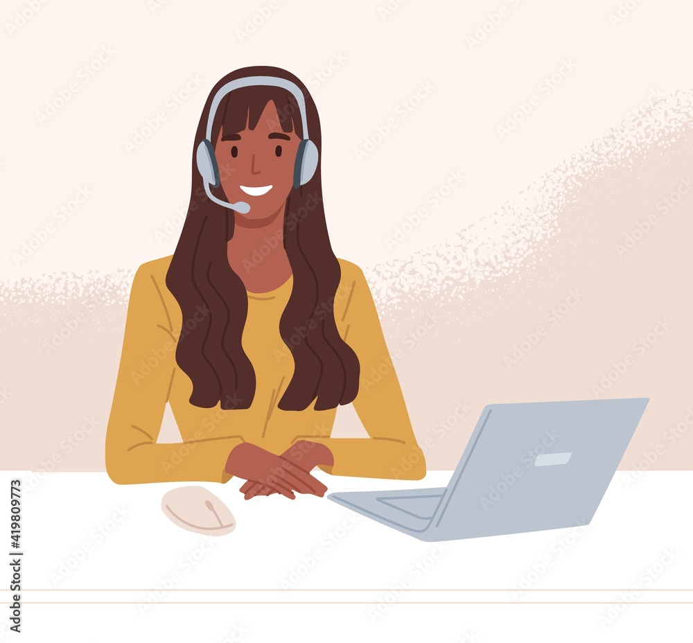Poster Operator of call center in headset consulting customers online. Worker of helpline service working at desk with laptop. Colored flat vector illustration of agent in technical support department