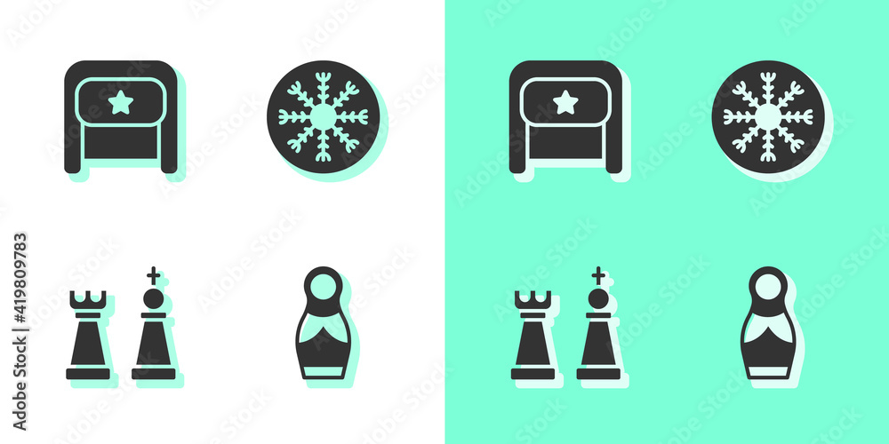 Poster set russian doll matryoshka, ushanka, chess and snowflake icon. vector.