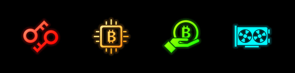 Set Cryptocurrency key, CPU mining farm, Hand holding Bitcoin and Video graphic card icon. Vector.