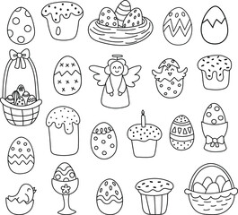 Easter doodle set, linear vector illustration. hand drawn style symbols and objects eggs, cake, candle chicken, angel, spring. simple, black drawing for sticker, decor, postcard, icon, coloring page, 