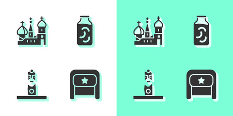 Set Ushanka, Saint Basil's Cathedral, Slavic pagan idol and Pickled cucumbers jar icon. Vector.