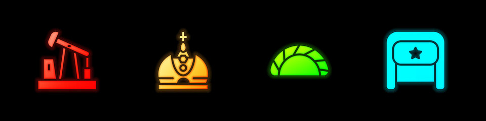 Set Oil pump or pump jack, King crown, Dumpling and Ushanka icon. Vector.