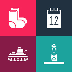 Set pop art Slavic pagan idol, Military tank, Calendar 12 june and Valenki icon. Vector.