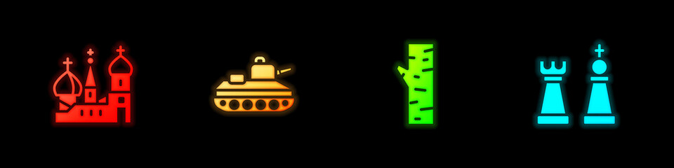 Set Saint Basil's Cathedral, Military tank, Birch tree and Chess icon. Vector.