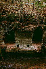 Sandstone cellar caves by the Ligatne river in the forest with fallen leaves and trees near Ligatne, Latvia during cloudy autumn day