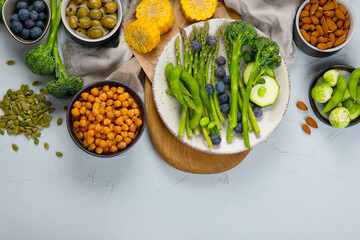 Healthy plant based food, best protein source on light grey background.