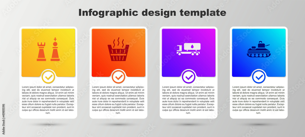 Poster Set Chess, Sauna bucket, Tanker truck and Military tank. Business infographic template. Vector.