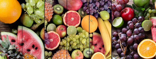 Collage of fresh raw fruits. Healthy diet eating concept.