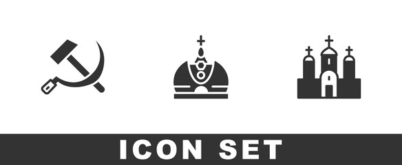 Fototapeta premium Set Hammer and sickle USSR, King crown and Church building icon. Vector.