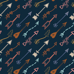 Vector illustration of a multicolored arrows on a dark blue background. Seamless pattern in Hand Draw Style. For printing on paper or fabric. Poster, congratulation or stylish element of the interior.