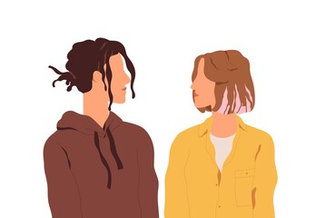 Modern romantic love couple of young man and woman standing together and looking at each other. Heterosexual partners or friends. Flat vector illustration of boyfriend and girlfriend isolated on white