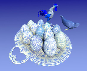 Easter egg decoration style 3D illustration. Blue chicken characters as a background. Collection.