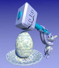 Easter egg cracking test 3D illustration. A bunny character testing decorated egg strength using a hammer. Collection.