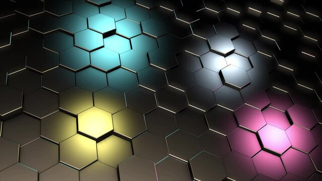 4k 3D abstract background animation hexagon metal elements surface geometric pattern moving loop. Great for ads, technical, industrial, scientific, sci-fi illustrations, etc.