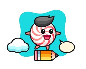 Candy mascot illustration riding on a giant pencil