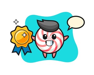 Candy mascot illustration holding a golden badge