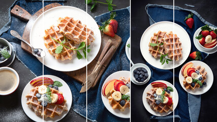 Collage of traditional belgian waffles with fresh berries