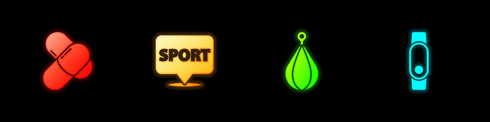 Set Sports nutrition, Location gym, Punching bag and Smartwatch icon. Vector.