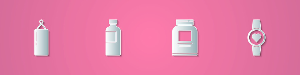 Set paper cut Punching bag, Fitness shaker, Sports nutrition and Smartwatch icon. Paper art style. Vector.
