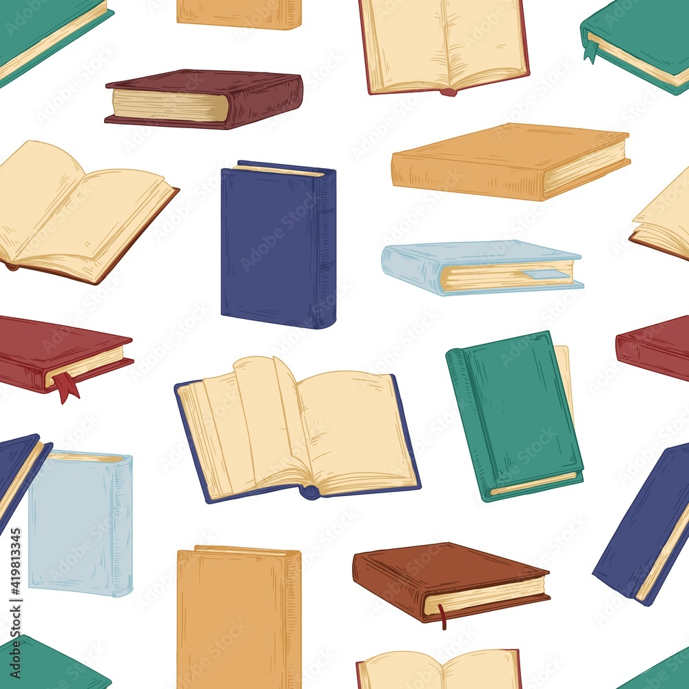 Poster Seamless pattern with open and closed books on white background. Endless library texture with textbooks for printing or decoration. Hand-drawn colored vector illustration in retro style