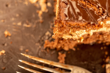 Chocolate cake and a metal fork. Close-up, selective focus.