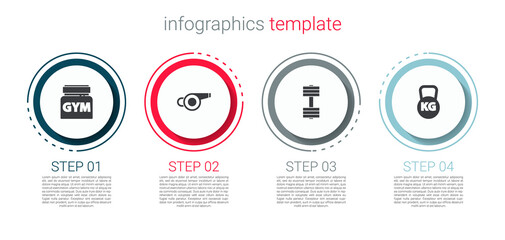 Set Sports nutrition, Whistle, Dumbbell and Kettlebell. Business infographic template. Vector.
