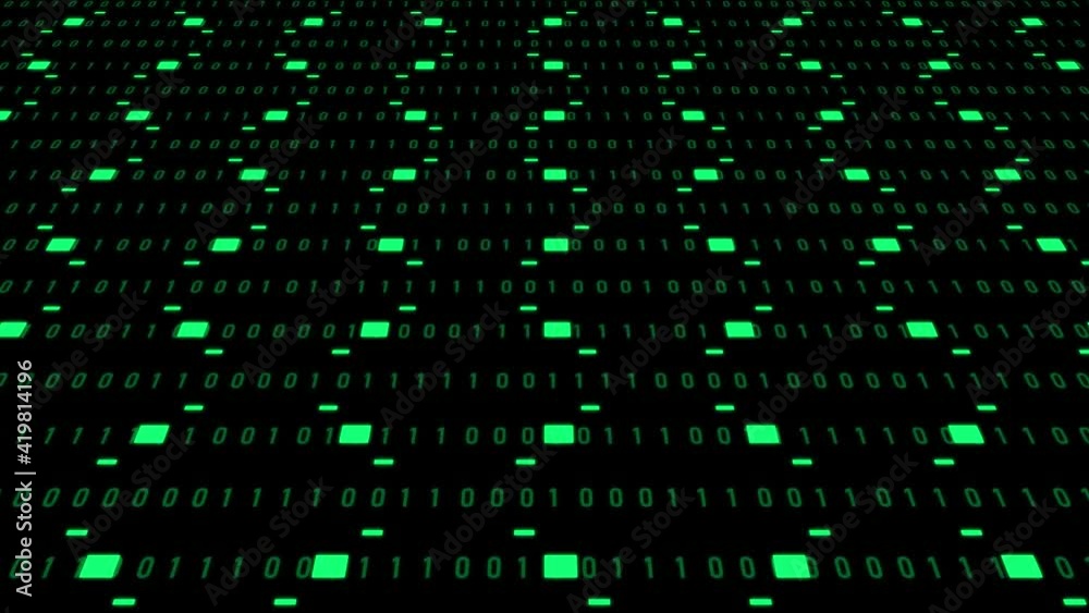 Poster abstract technology background animation - green blocks of random changing binary code arranged as a
