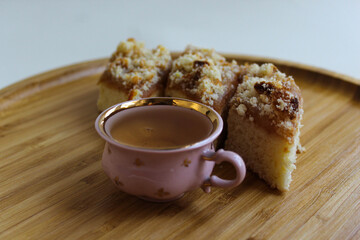 Real homemade apple pie with cup of tea. Horizontal image