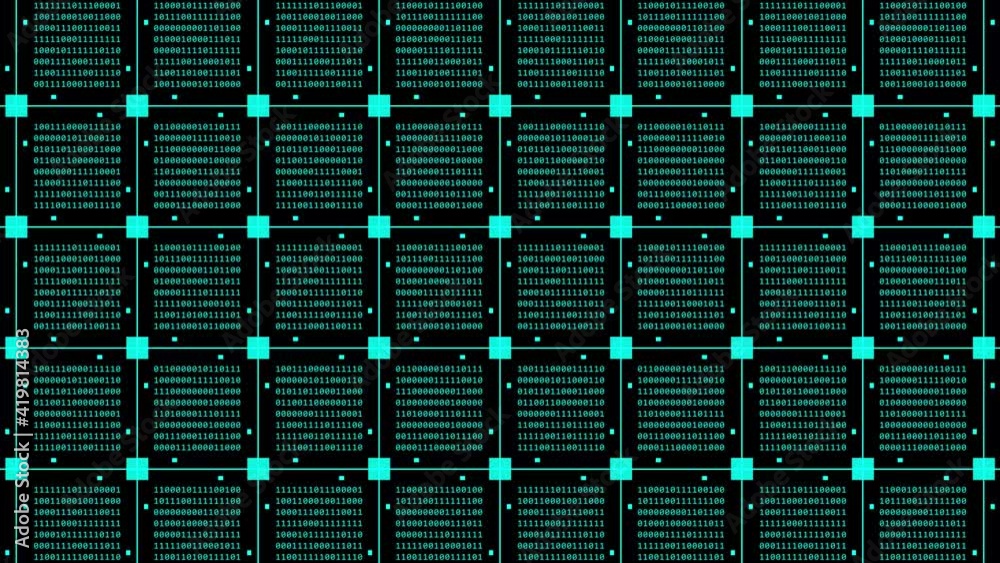 Poster abstract technology background animation in 4k - turquoise blocks of random changing binary code arr
