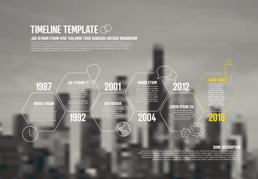 Infographic timeline template made from thin line hexagons icons and background photo