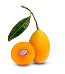 yellow ripe Plum mango fruit with green leaf or Marian plum