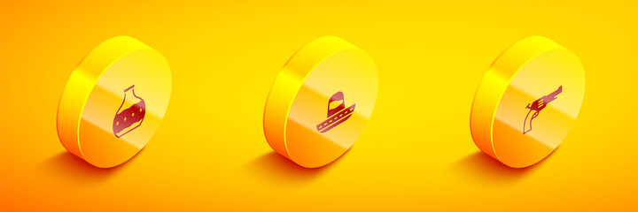 Set Isometric Tequila bottle, Mexican sombrero and Revolver gun icon. Vector.