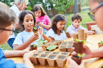 Kinder in der Sommerschule lernen Pflanzen Anzucht - obrazy, fototapety, plakaty