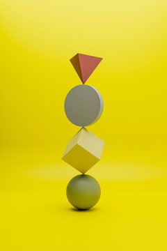 Abstract 3d render minimal vertical scene with multicolor geometric objects on a yellow background. Blank showcase mockup with empty stage for product presentation, illustration etc.
