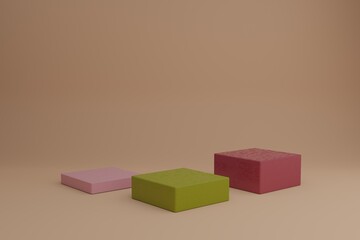 3d modeling scene with geometric shapes in calm pastel colors. Blank showcase mockup with simple geometric elements. Empty 3d podiums for cosmetic product presentation