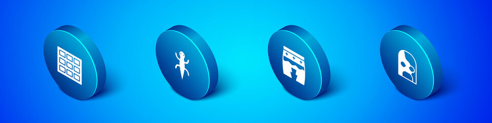 Set Isometric Chocolate bar, Huehuetl, Mexican wrestler and Lizard icon. Vector.