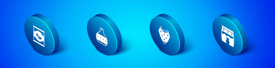 Set Isometric Beans in can, Poncho, Huehuetl and Tequila bottle icon. Vector.