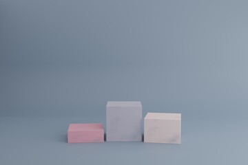Empty 3d podiums for cosmetic product presentation. Blank showcase mockup with simple geometric elements. 3d modeling scene with geometric shapes in calm pastel colors