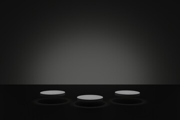 Dark 3d modeling scene with illuminating cylindric podiums on a grey background. Empty geometric shapes for cosmetic product presentation. Blank showcase mockup with simple 3d elements