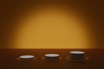 Dark 3d modeling scene with illuminating cylindric podiums on an orange background. Empty geometric shapes for cosmetic product presentation. Blank showcase mockup with simple 3d elements
