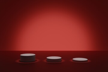 Geometric cylindric shapes in 3d modeling scene on a red background. Empty podiums for cosmetic product presentation. Blank showcase mockup with simple 3d geometric elements