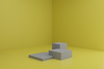 3d modeling scene with square podiums in trendy yellow and grey colors. Blank showcase mockup with simple geometric elements. Empty 3d platforms for cosmetic product presentation